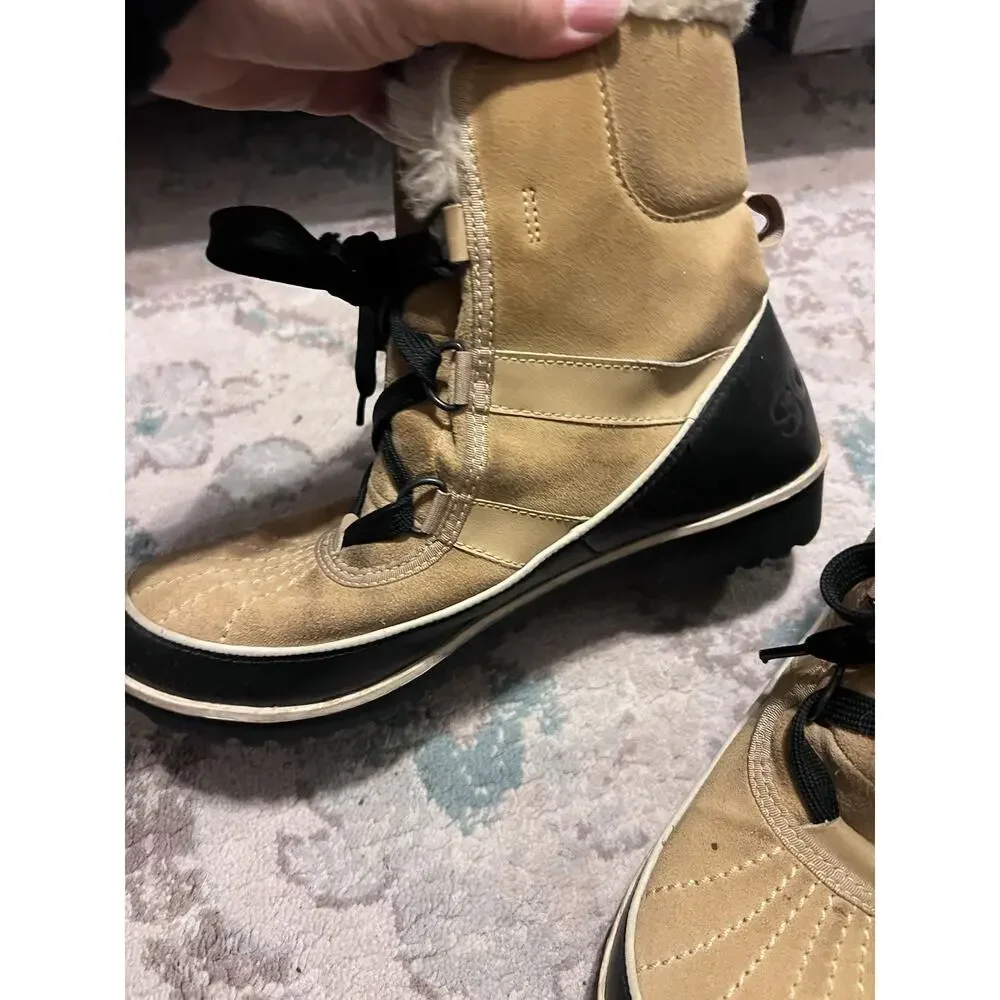 SOREL Women's US 9 Waterproof Tan Black Insulated Mid Calf Boots Fur Top